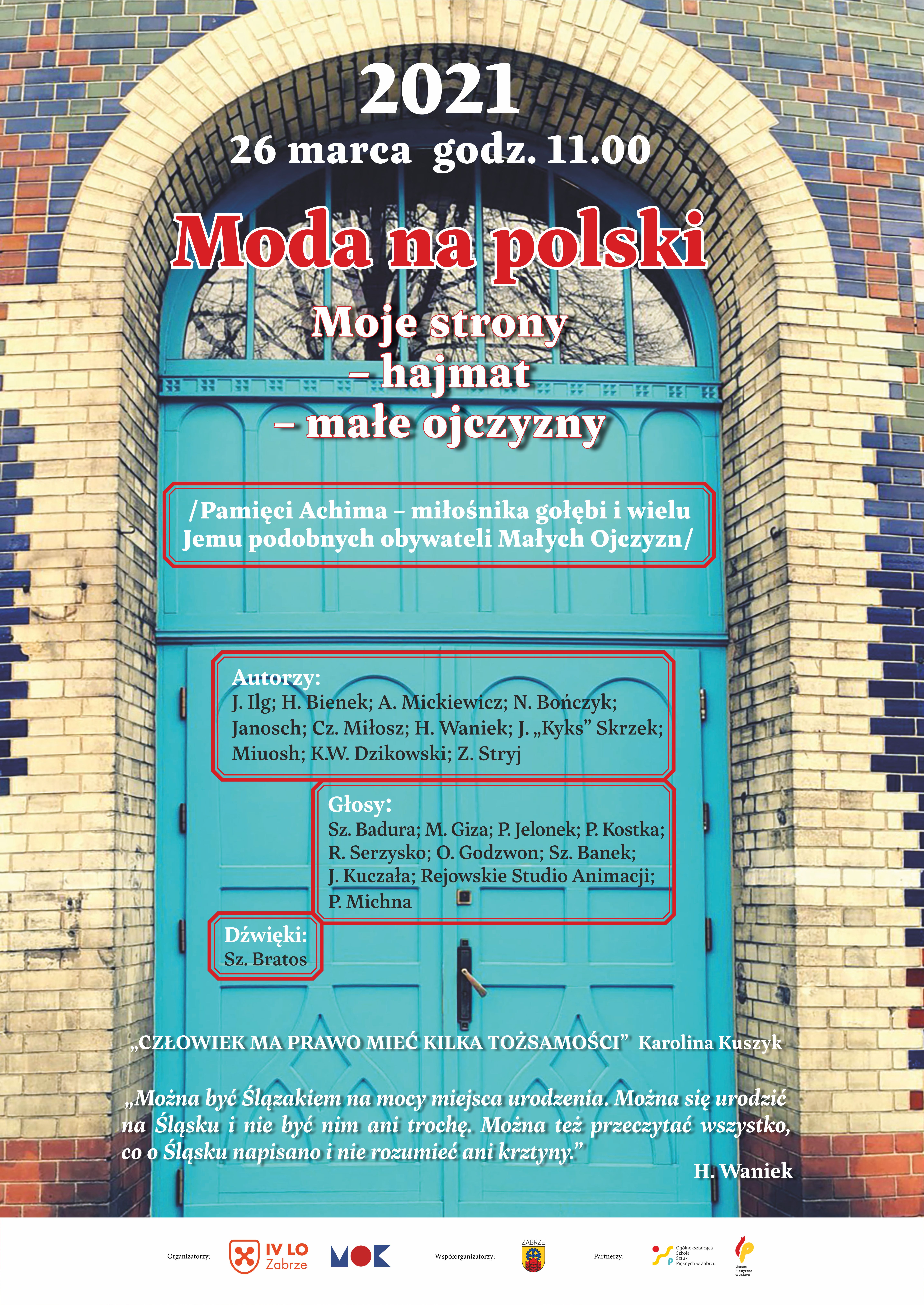 Plakat z niebieskimi drzwiami do kamienicy, promujący wydarzenie 
