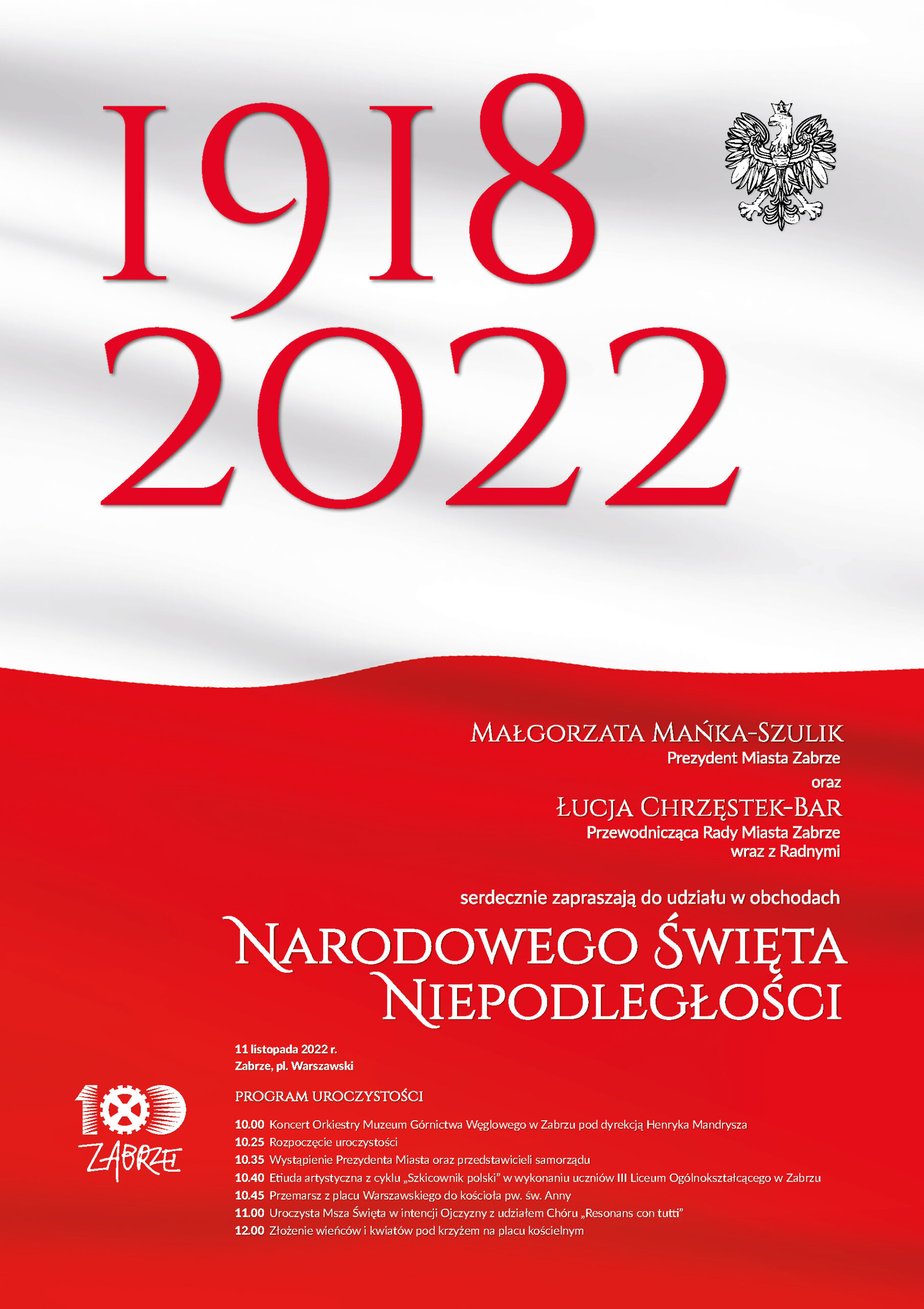 biało-czerwony plakat z programem obchodów Narodowego Święta Niepodległości