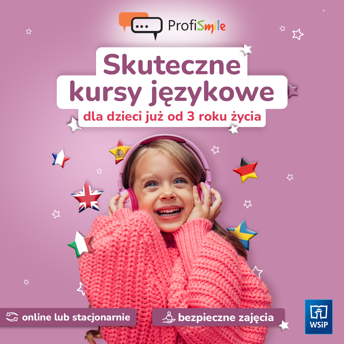 dziecko ze słuchawkami, flagi państw, baner promujący zajęcia językowe