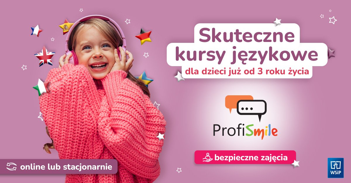 dziecko ze słuchawkami, flagi państw, baner promujący zajęcia językowe