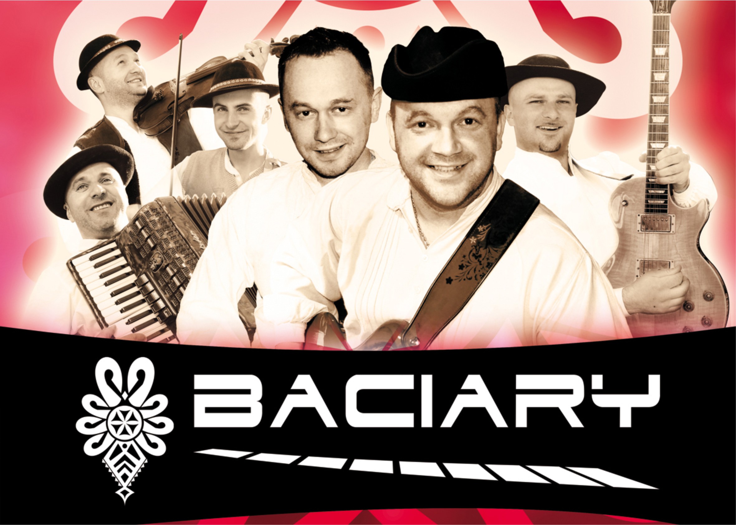 czerwony baner promujący koncert zespołu Baciary z portretami wykonawców