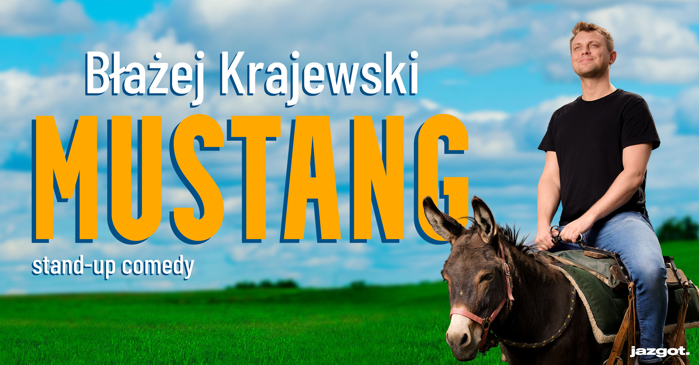 baner przedstawiający mężczyznę siedzącego na ośle