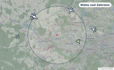 Mapa okolic miasta z sylwetkami samolotów — Niebo nad Zabrzem na żywo