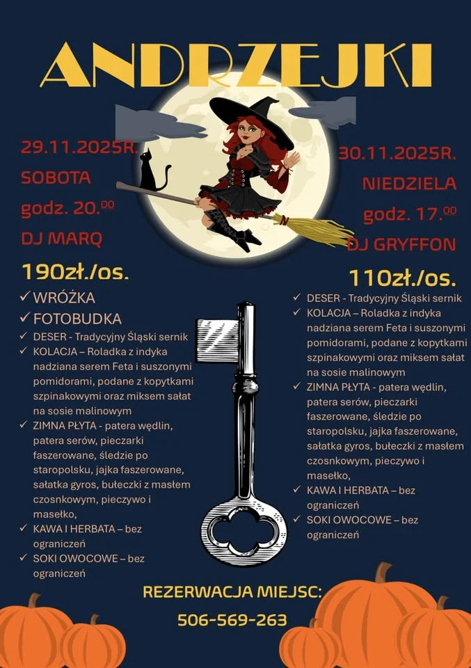 Obrazek przedstawia grafikę promocyjną wydarzenia Andrzejki 2025 w restauracji Twist w Zabrzu
