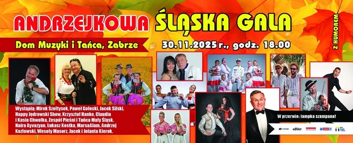 Grafika promocyjna wydarzenia Andrzejkowa Śląska Gala Humoru — zabawa kabaretowa w Zabrzu, 30 listopada 2025