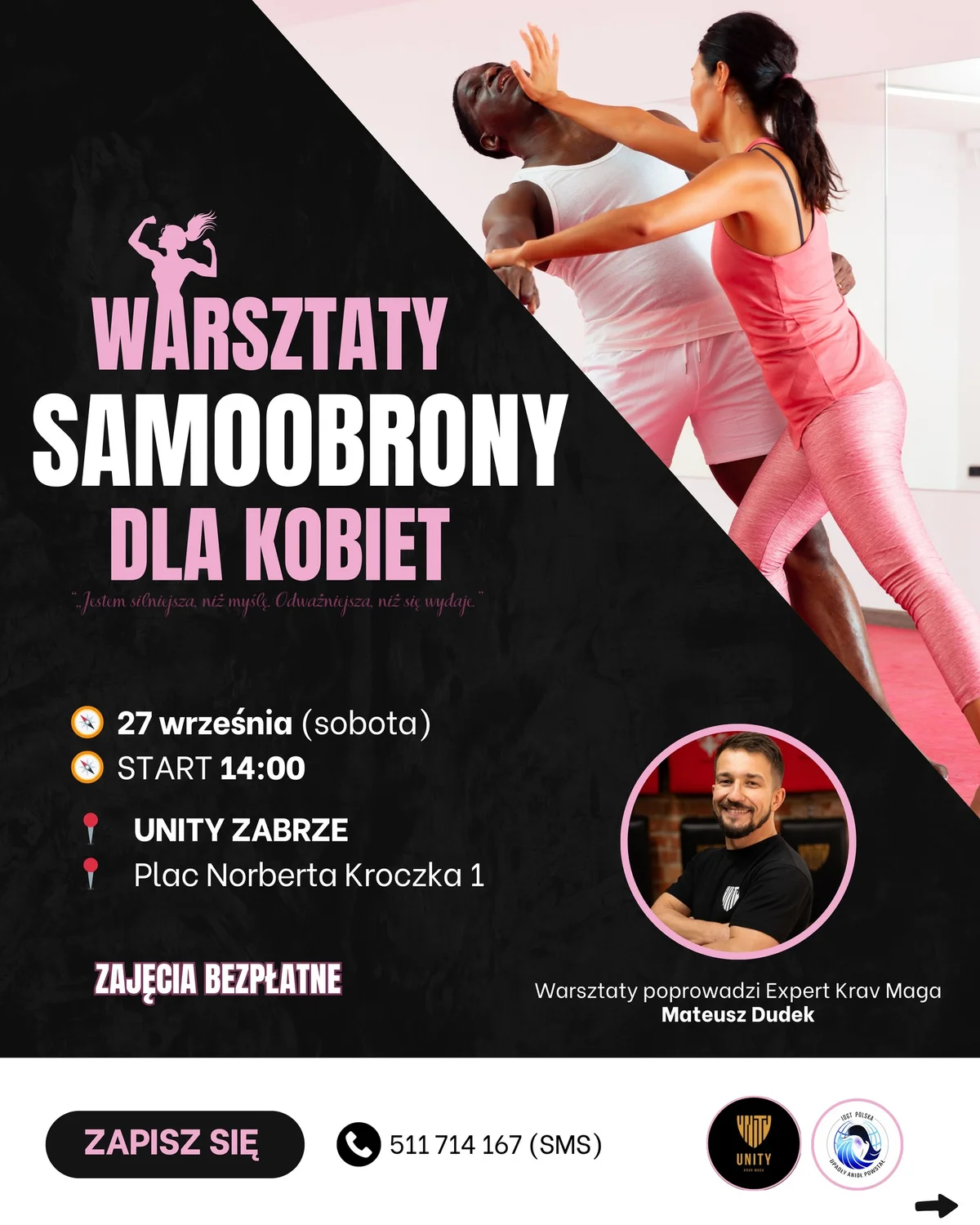 Grafika promocyjna wydarzenia Bezpłatne warsztaty samoobrony dla kobiet w Zabrzu