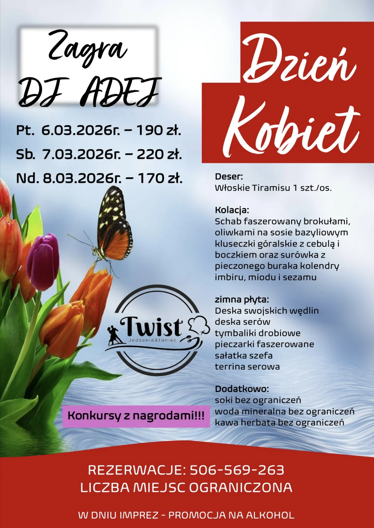 Grafika promocyjna wydarzenia Dzień Kobiet w Restauracji Twist w Zabrzu — muzyka, kolacja i nagrody