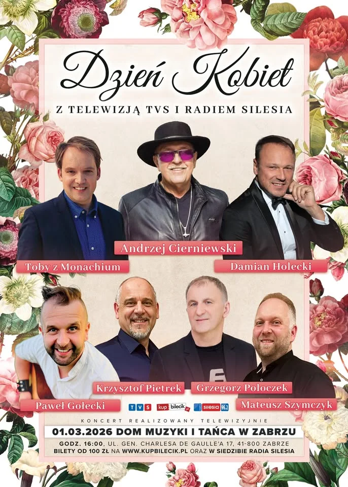 Grafika promocyjna wydarzenia Dzień Kobiet z TVS i Radiem Silesia — Dom Muzyki i Tańca w Zabrzu