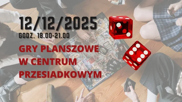 Grafika promocyjna wydarzenia Gry planszówkowe w Centrum Przesiadkowym z MBP Zabrze — wieczór gier 12 grudnia