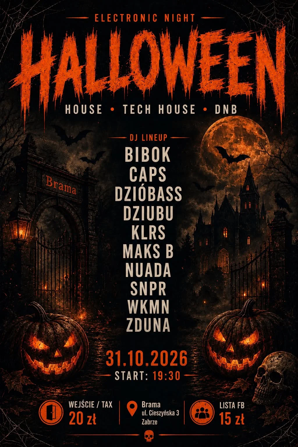 Grafika promocyjna wydarzenia Halloween w Bramie: noc elektroniczna