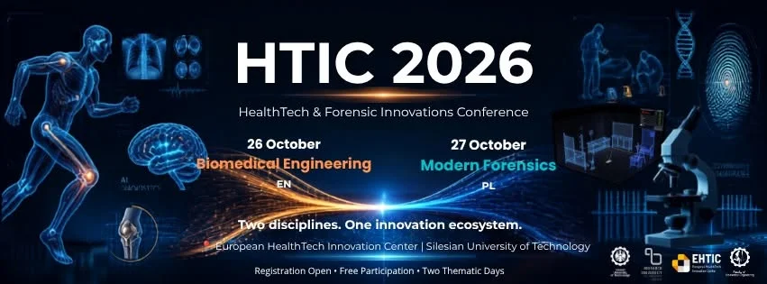Grafika promocyjna wydarzenia HealthTech & Forensic Innovation Conference w Zabrzu