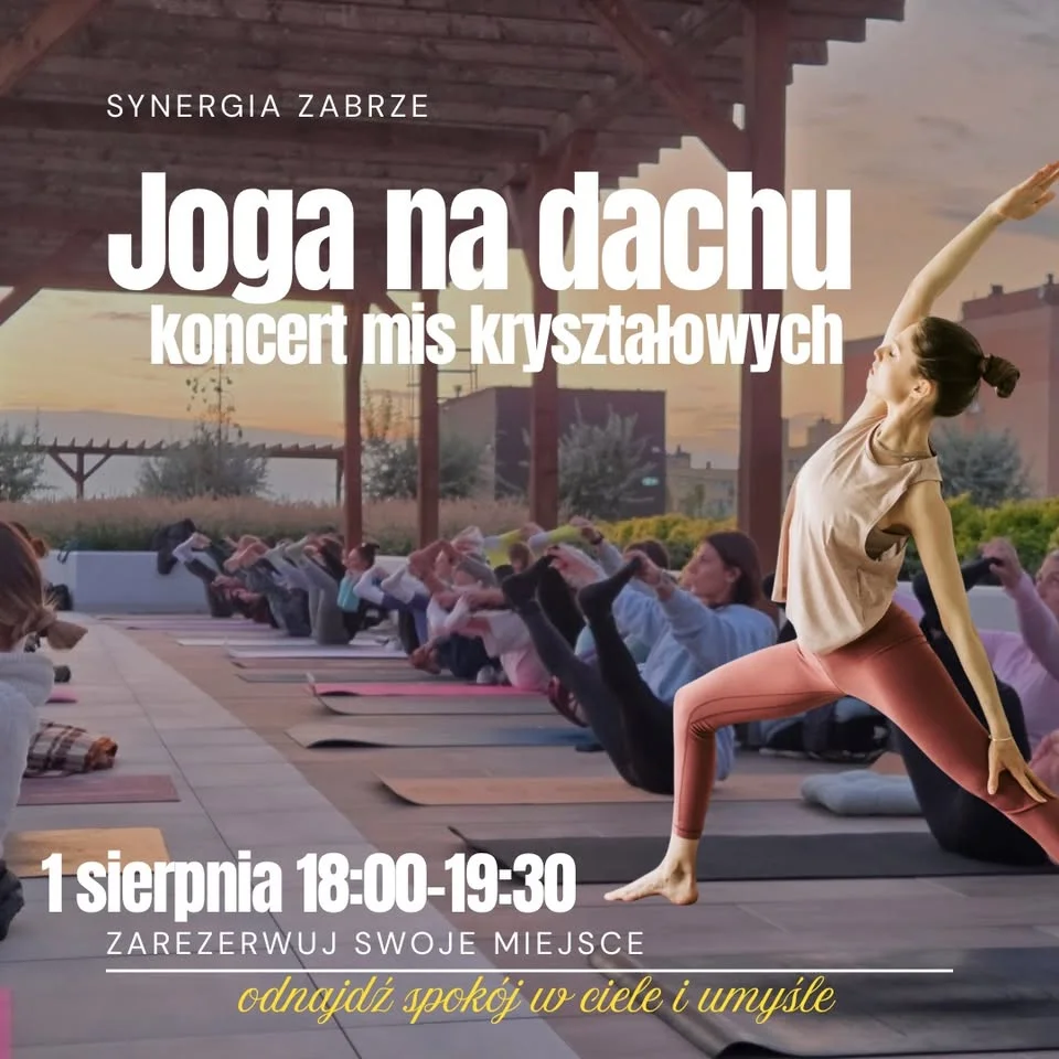 Grafika promocyjna wydarzenia Joga na dachu i koncert mis kryształowych w Zabrzu