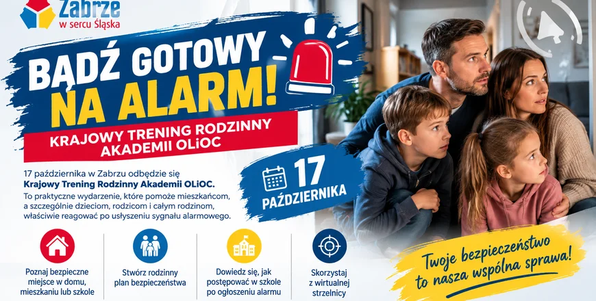 Grafika promocyjna wydarzenia Krajowy Trening Rodzinny Akademii OLiOC – naucz się, jak reagować na alarm