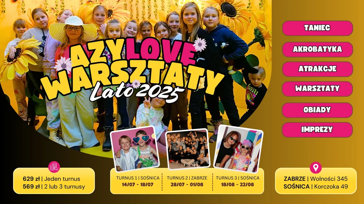 Grafika promocyjna wydarzenia Letnie warsztaty taneczne i akrobatyczne dla dzieci w Zabrzu i Gliwicach