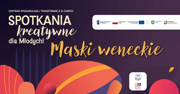 Grafika promocyjna wydarzenia Maski weneckie — warsztaty kreatywne dla młodych w Zabrzu‑Biskupicach