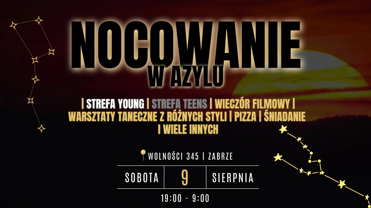 Grafika promocyjna wydarzenia Nocne warsztaty taneczne i integracja dla dzieci i młodzieży w Zabrzu