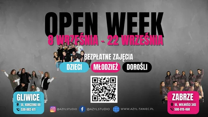 Obrazek przedstawia grafikę promocyjną wydarzenia Bezpłatny Open Week z zajęciami tanecznymi i fitness w Gliwicach i Zabrzu