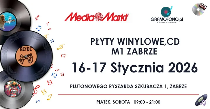 Grafika promocyjna wydarzenia Płyty Winylowe oraz CD — Kiermasz w M1 Zabrze (16–17 stycznia 2026)