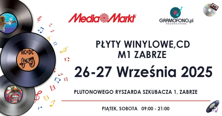 Obrazek przedstawia grafikę promocyjną wydarzenia Kiermasz płyt winylowych i CD w M1 Zabrze