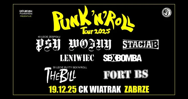 Obrazek przedstawia grafikę promocyjną wydarzenia Koncert Punk’n’Roll Tour 2025 w Zabrzu — The Bill, Leniwiec i goście