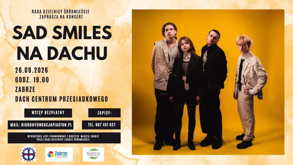 Grafika promocyjna wydarzenia Sad Smiles na dachu – koncert w Zabrzu
