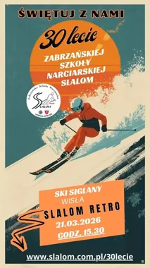 Grafika promocyjna wydarzenia 30-lecie ZSN SLALOM – świętowanie na stoku