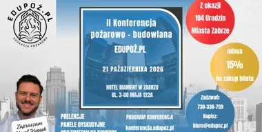 Grafika promocyjna wydarzenia II Konferencja Pożarowo-Budowlana