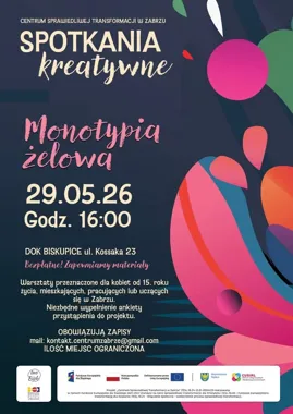 Grafika promocyjna wydarzenia Monotypia żelowa w ramach Spotkań kreatywnych w Zabrzu-Biskupicach
