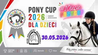 Grafika promocyjna wydarzenia PONY CUP 2026 w Zabrzu świętuje 10. edycję zawodów dla młodych jeźdźców
