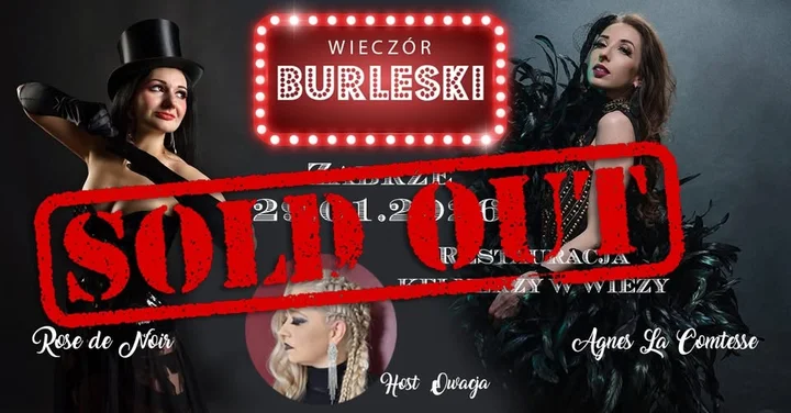 Grafika promocyjna wydarzenia Wieczór Burleski w Zabrzu — karnawałowy spektakl w Kelnerach w Wieży