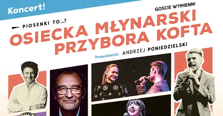 Obrazek przedstawia grafikę promocyjną wydarzenia Koncert piosenki aktorskiej: klasyczne utwory Osieckiej, Młynarskiego, Przybory i Kofty