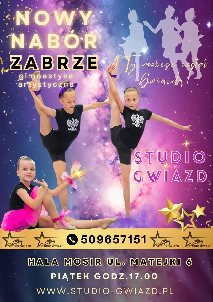 Obrazek przedstawia grafikę promocyjną wydarzenia Bezpłatne zajęcia pokazowe z gimnastyki artystycznej w Zabrzu