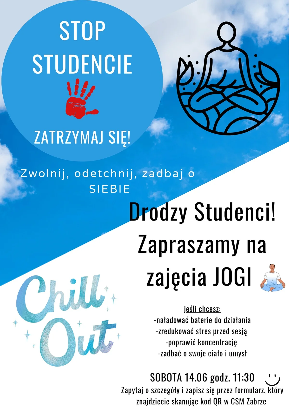 Grafika promocyjna wydarzenia Zajęcia jogi dla studentów w CSM Zabrze