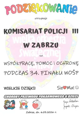 Komisariat III z Zabrza doceniony po 34. Finale WOŚP - wyróżniono dzielnicowego
