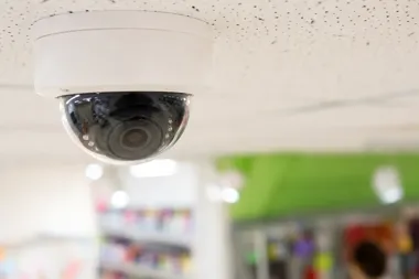 Kamera monitoringu w kopule montowana na sufitowej płycie w pomieszczeniu handlowym lub biurowym.